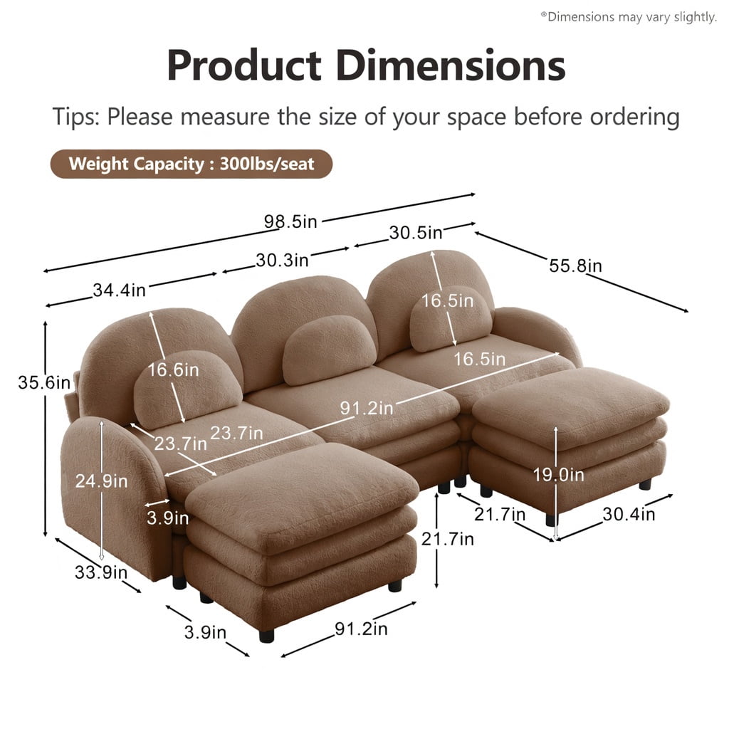 Hommoo Teddy Fleece 3-Seat Modular Sectional Sofa, Cloud-Like Double-Layer Cushions, Curved Backrest & Armrests, Includes 2 Movable Ottomans & Lumbar Pillows, Camel
