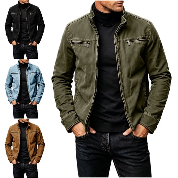 Zivyakyro Cotton Mens Jacket Zip up Long Sleeve Cargo Trucker Retro Regular Solid Outerwear Fall Winter Jackets Blue M