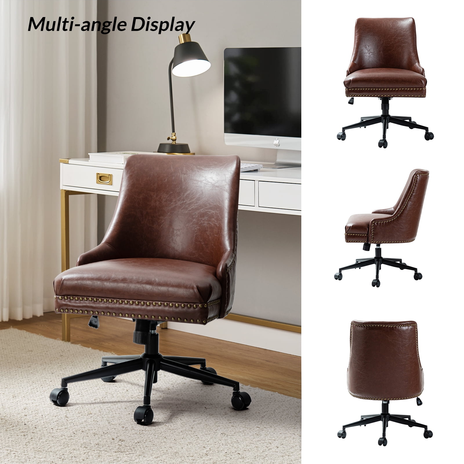 Vegan Leather Task Chair Swivel Home Office Chair Height Adjustable Mid-back Upholstered Nailhead Trim Bedroom Brown