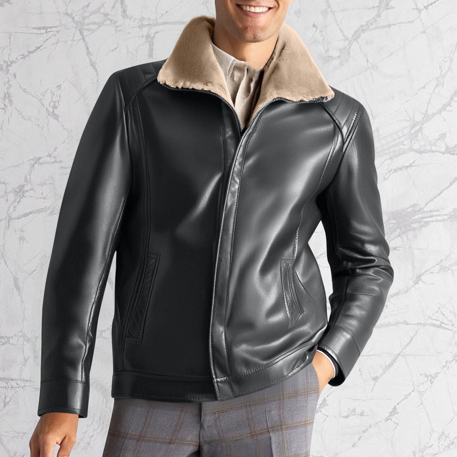LWITHSZG Faux Leather Jacket Men Motorcycle Trendy Winter Coats Long Sleeve Going Out Tops Thickened Warm Fleece Lined Casual Outerwear with Pockets
