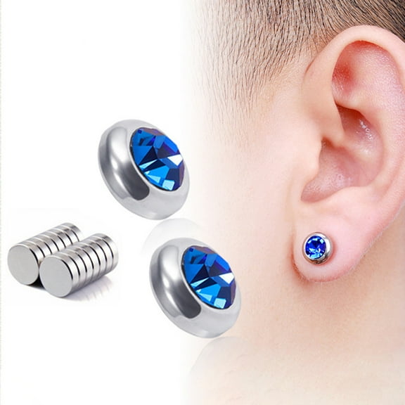 SmartBy 1 Pair Ear Studs Non-Piercing Magnetic Stainless Steel Round Colored Rhinestone Embedded Men Women Earrings Fashion Jewelry