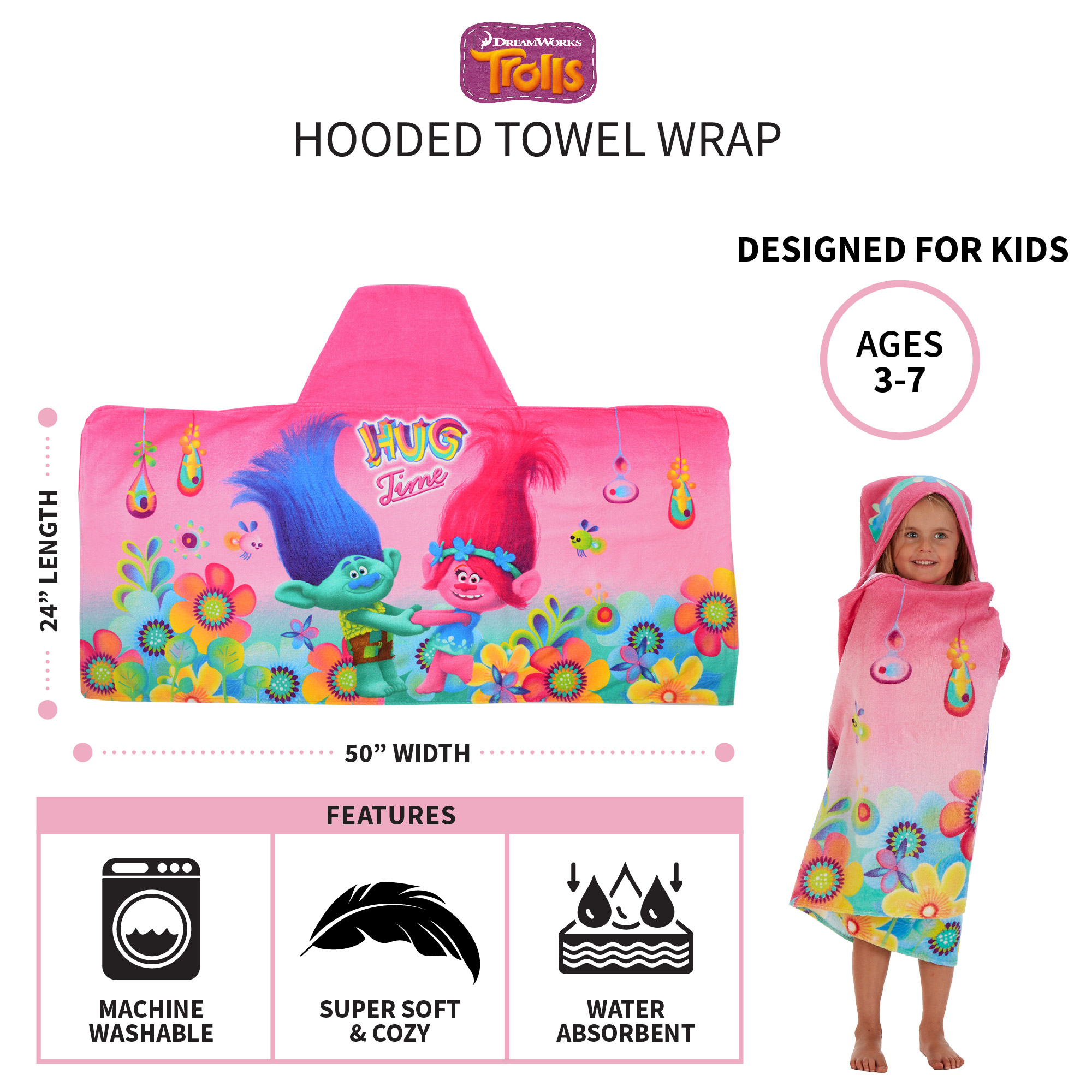 Trolls Kids Bath and Beach Hooded Towel Wrap, 100% Cotton, Pink - image 4 of 9