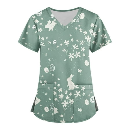 

XHJUN Womens Scrub Tops Clearance Sale Printed Cartoon Animal Working Uniform Tops Workwear Green XL