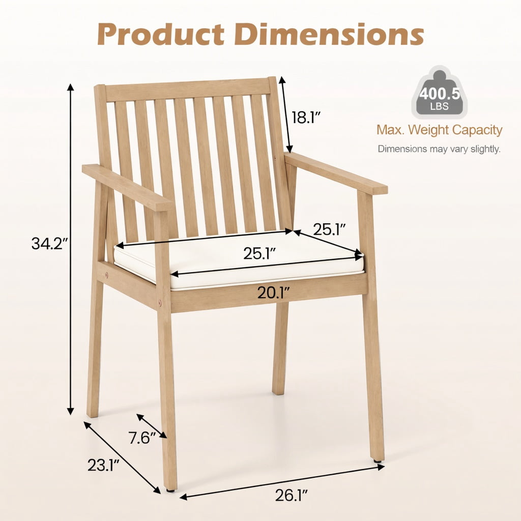 Hommoo 2-Pack Outdoor Dining Chairs, Acacia Wood Patio Chairs with Removable Zippered Cushions, Ideal for Backyard, Porch & Deck, White