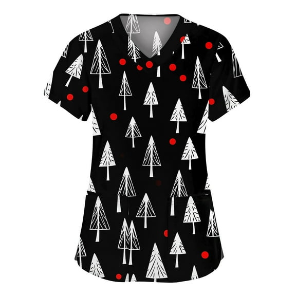 Stichou Womens Christmas Scrub Tops Plus Size Christmas Tree Graphic Short Sleeve Medical Uniform Funny V Neck Comfy Stretchy Scrub with 2 Pockets Black 2XL