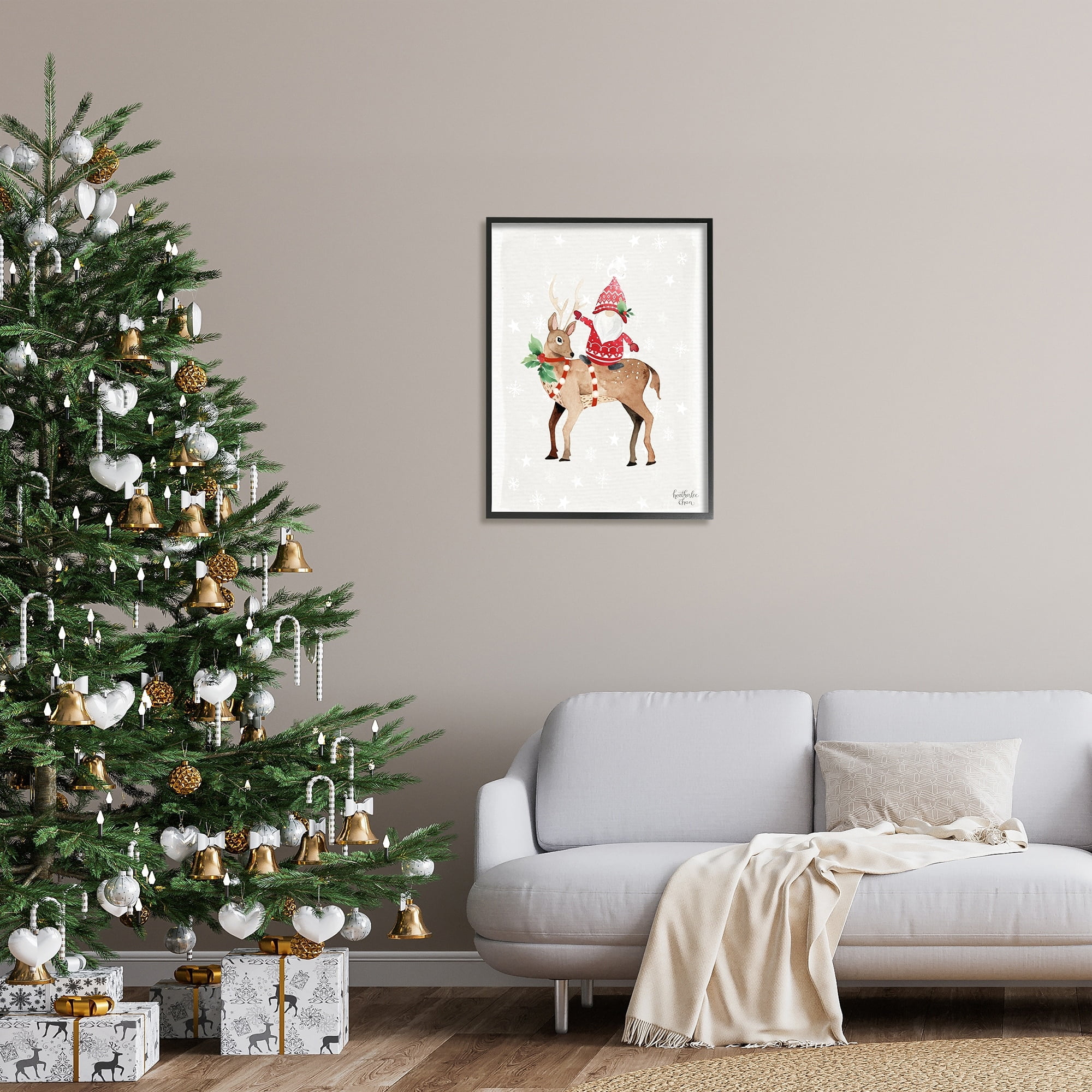Stupell Industries Santa Claus Gnome Reindeer Holiday Patterned Stars Painting Black Framed Art Print Wall Art, Design by Heatherlee Chan
