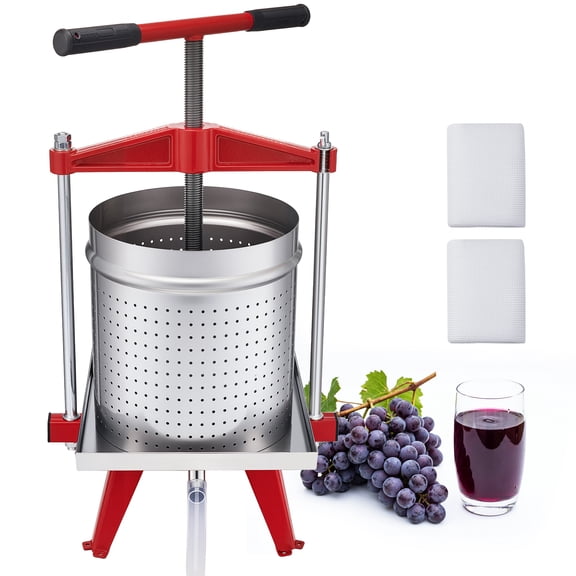 VEVOR Fruit Wine Press, 3.96Gal/15L, Stainless Steel Manual Juice Maker, Heavy Duty T-Shaped Handle & Cross-beam for Cider Apple Grape Vegetable Press, with 2 Filter Bags, for Kitchen Home Brewing