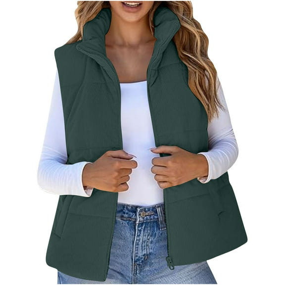 wdsxpo Puffer Jacket Women Corduroy Cropped Stand Collar Vest Lightweight Padded Outerwear Winter Warm Zip Up Coat with Pockets