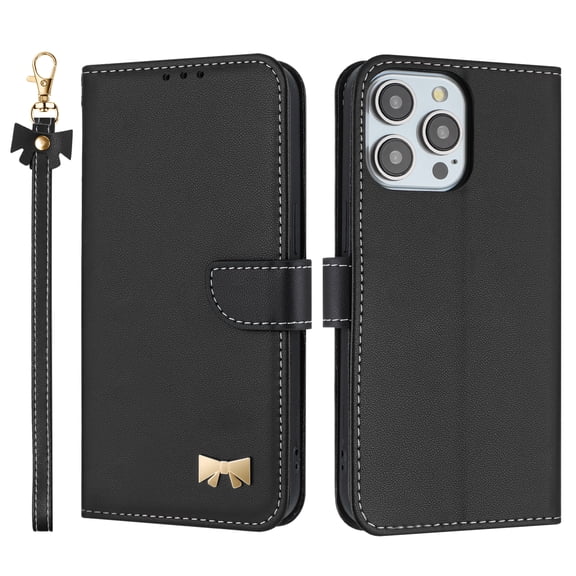 for iPhone 13 Pro Max Wallet Case, Magnetic Closure & Adjustable Kickstand & Card Slots & Shoulder Strap & Wrist Strap Full Body Protection Rugged Phone Case for iPhone 13 Pro Max, Black