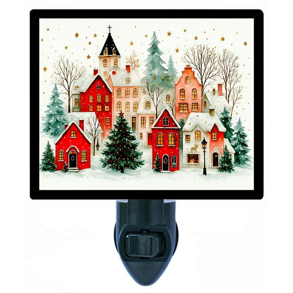 Village in White Night Light – Snowy Christmas Town with Red Houses, Evergreen Trees and Golden Stars, Cozy Holiday Home Décor – Includes Free Switchable Insert
