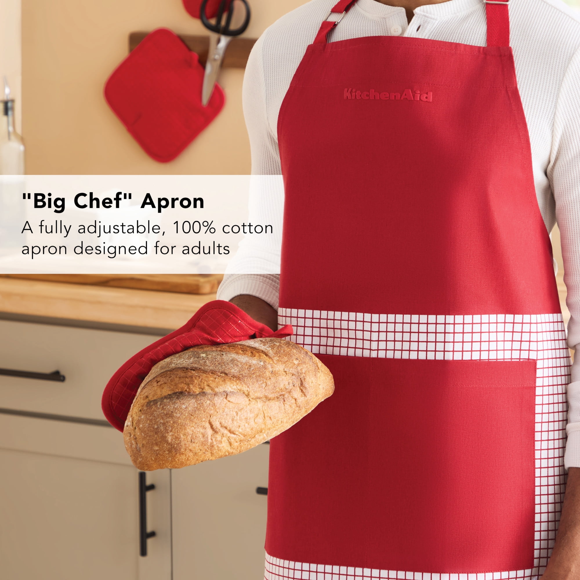 KITCHENAID Gourmet Series Gridlines Big Chef Apron, Water & Stain Resistant, Passion Red, Adult-Sized 32"x28"