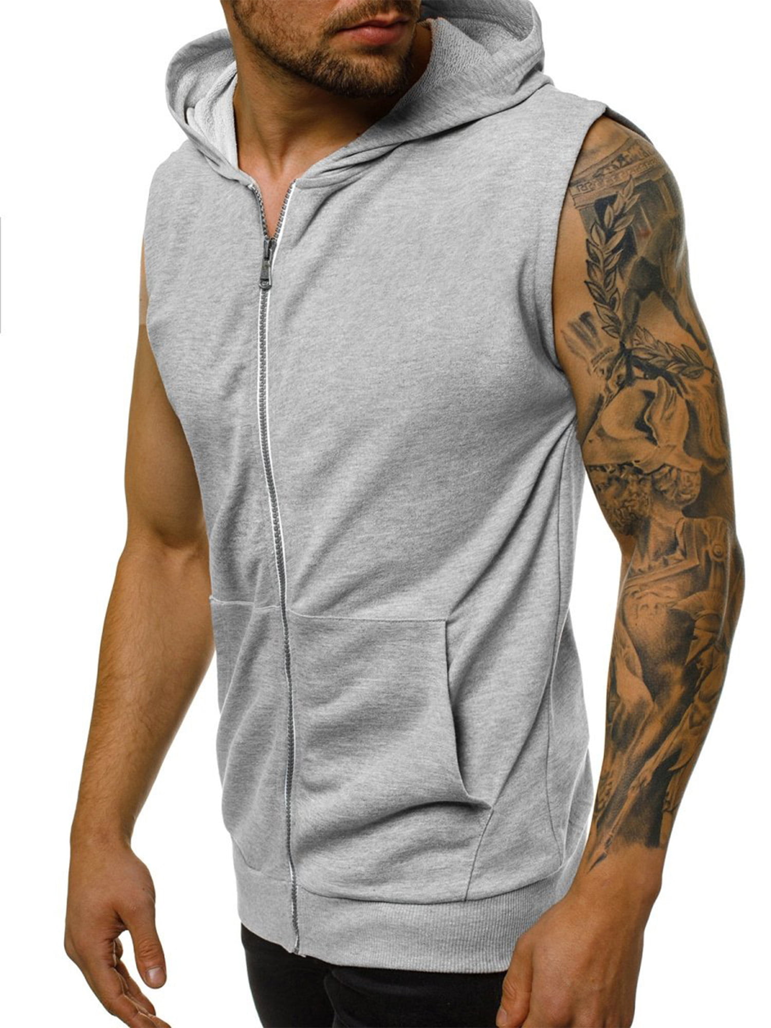 BYWX Men Slim Fit Active Zip Pocket Sleeveless Hoodie Zip-up Vest Workout Tank Top 