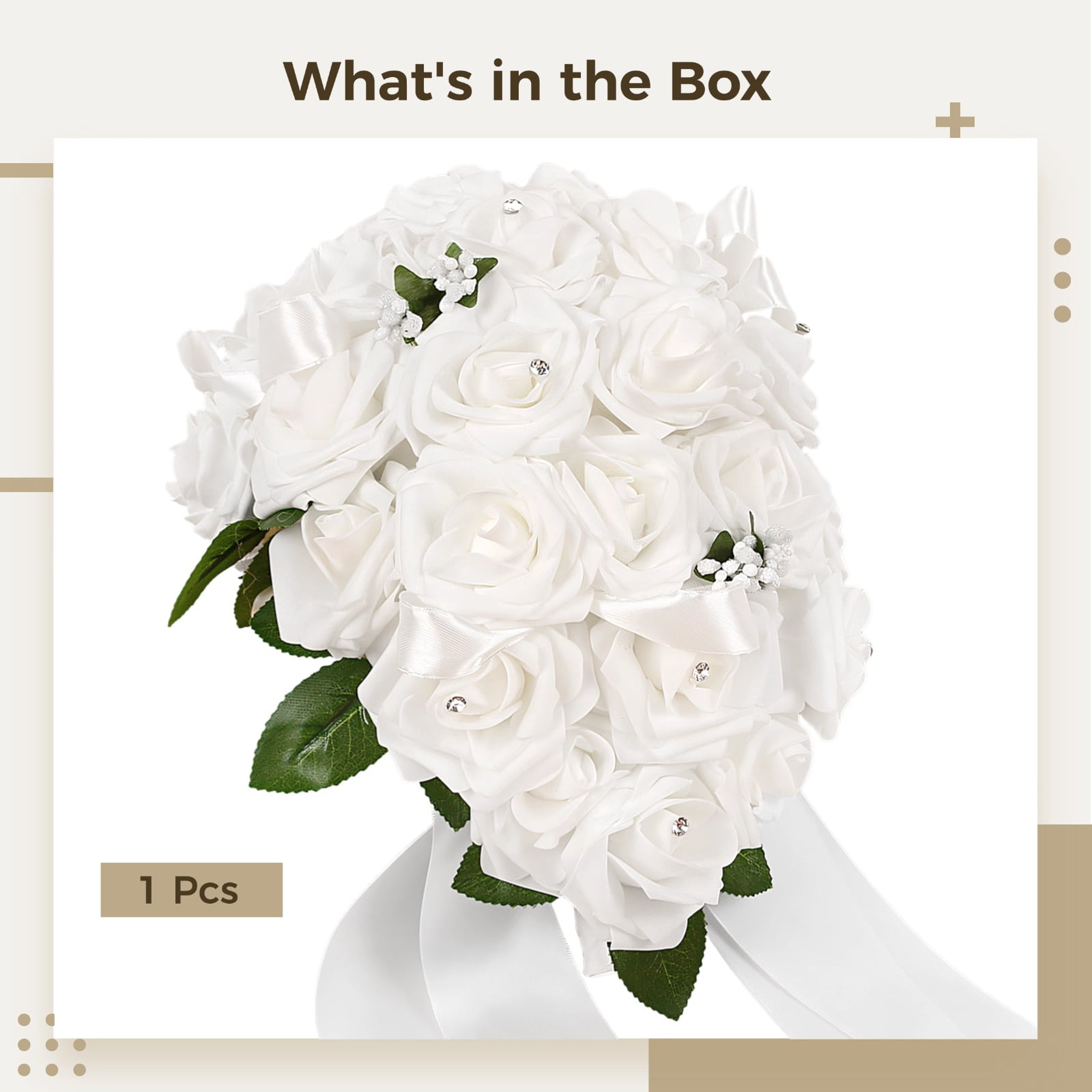 Elegant White Artificial Rose Bridal Bouquet - Luxury Faux Flower Arrangement for Weddings, Ceremonies & Bridal Showers - Stunning Foam Flowers with Rhinestones
