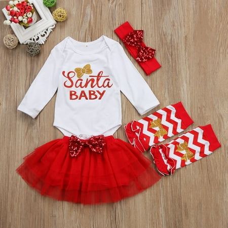 

Xmas Newborn Baby Girls Outfits Set Romper + Skirt + 2*Leg Warmers + Headband