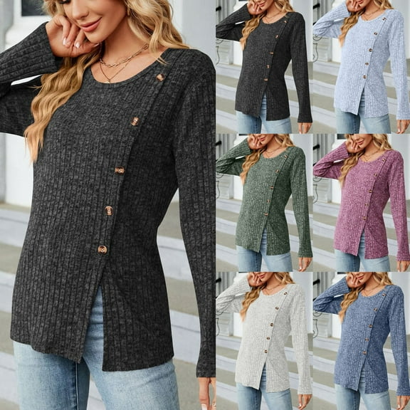 ATOYSOY Women's Workout Solid Color Pullover Side Split Spring Loose Tops Casual Blouse Dressy Tunic Long Sleeve Shirts Winter Round Neck Button Sweatshirts Green L