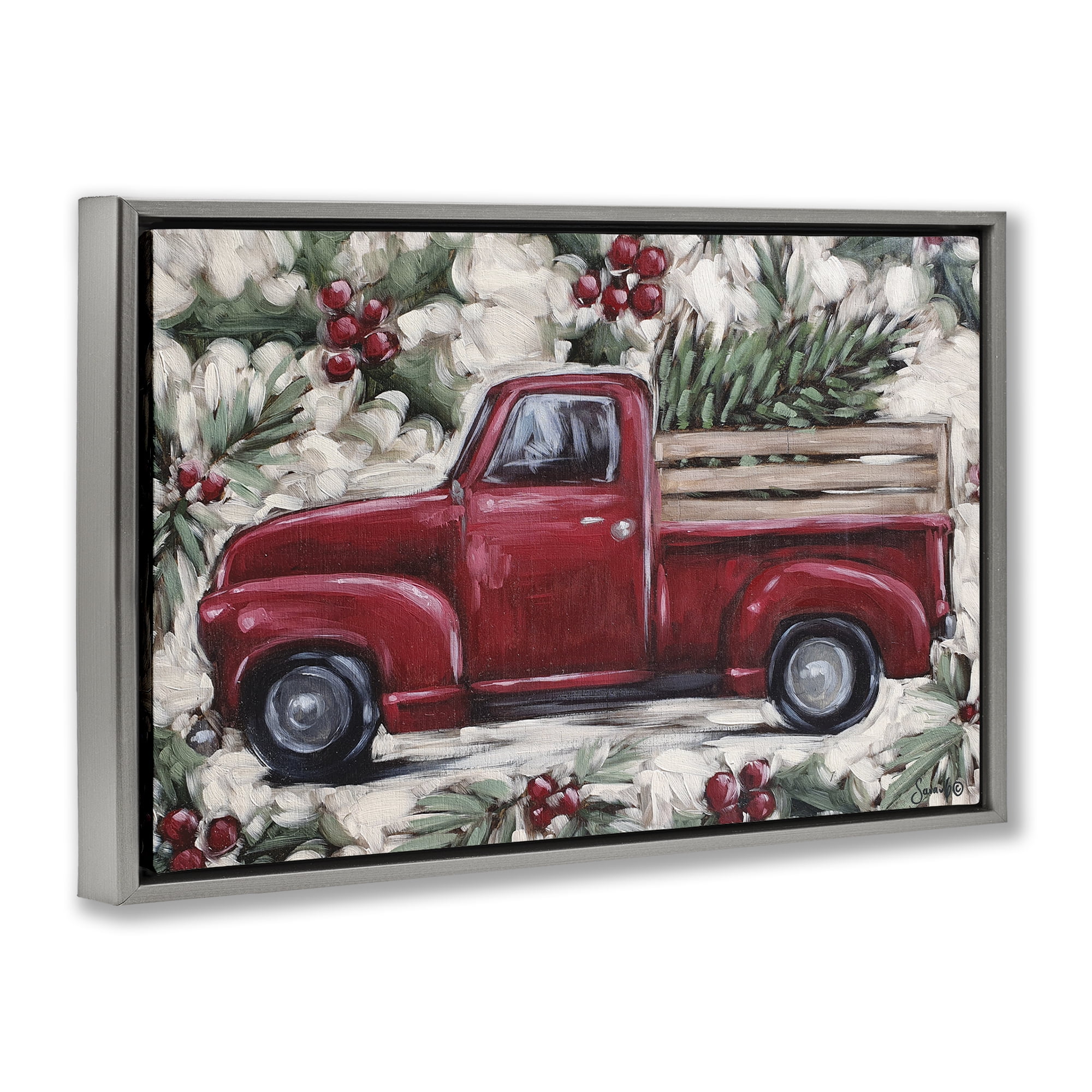 Stupell Industries Pickup & Festive Holly Holiday Painting Gray Floater Framed Art Print Wall Art, 31 x 21
