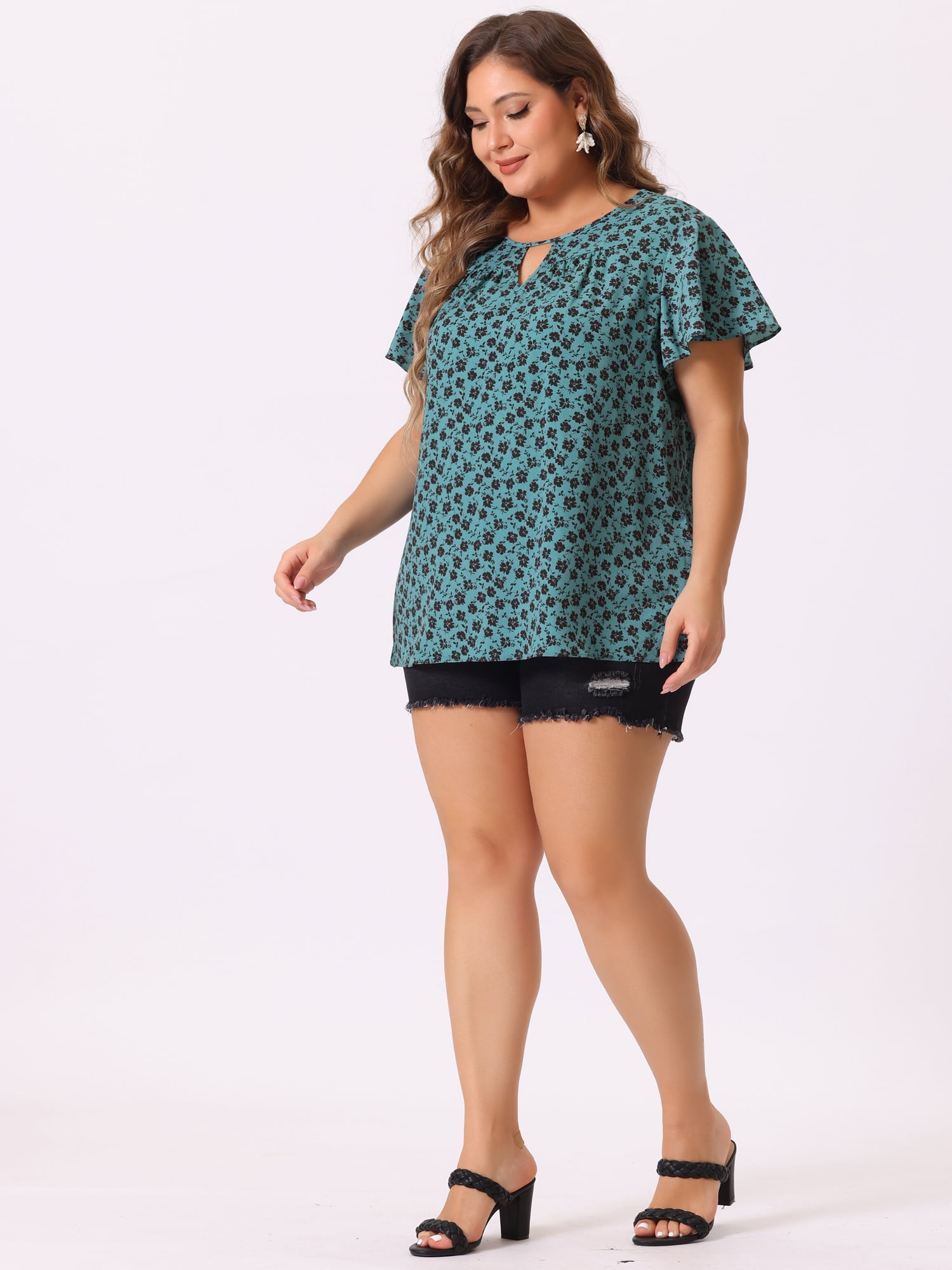 DARING DIVA Women's Plus Ruffle Short Sleeve Keyhole Chiffon Blouse 3X Blue Green