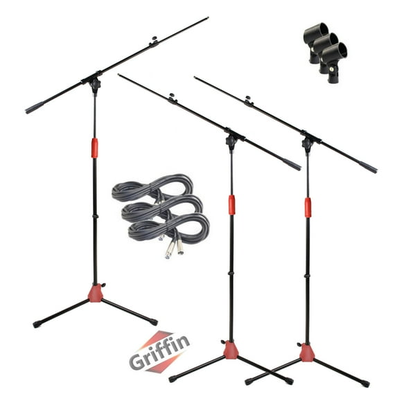 Microphone Boom Stand with XLR Mic Cable & Clip (Pack of 3) by Griffin Telescoping Arm Tripod Legs for Studio Recording Accessories, Singing Vocal Karaoke, Live Stage 20ft Pro Audio Mic Cord Wire