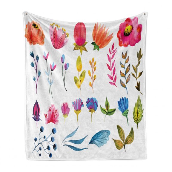 Flower Soft Flannel Fleece Throw Blanket, Watercolor Style Flowers Tulips Roses Colored Leaves Garden Plants Design Print, Cozy Plush for Indoor and Outdoor Use, 50" x 70", Multicolor, by Ambesonne