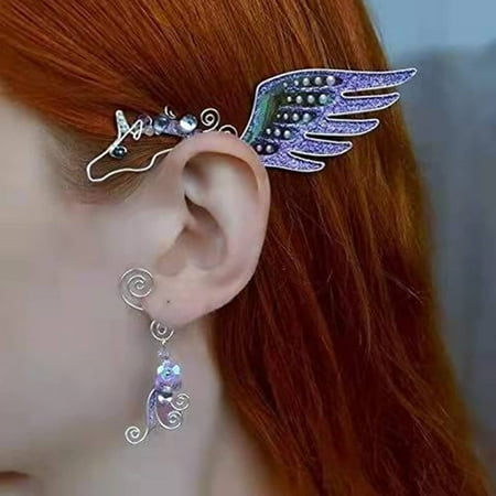 

Ear Clips for Women Elf Earrings Elf Ear Jewelry Ear Sleeve Pendant Without Perforation Butterfly Dragon Fish Animal Ear Cuffs for Halloween Festivel Fairy Cosplay Party - Purple Unicorn(Left)