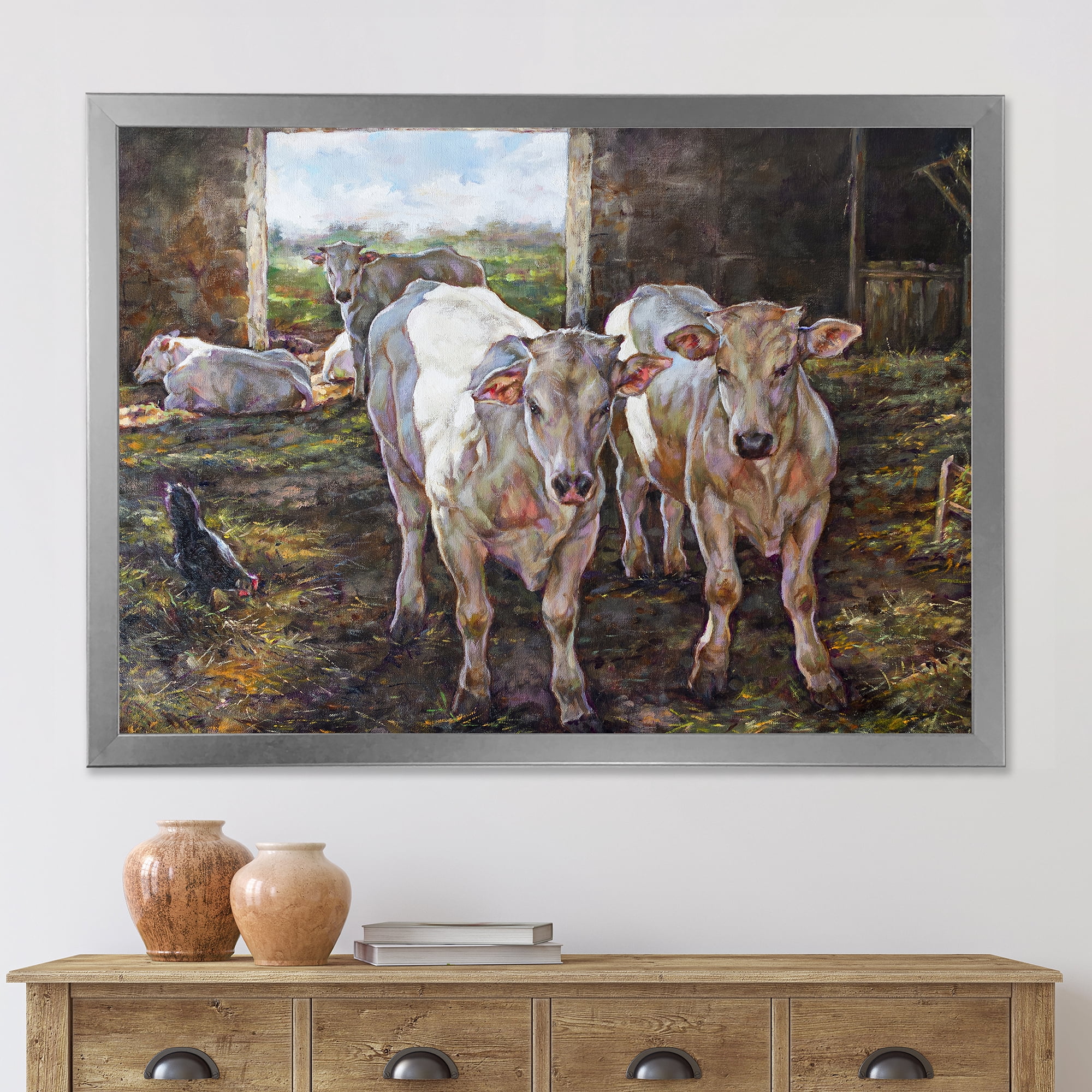 Designart 'The Cows In The Stable In Countryside' Farmhouse Framed Art Print