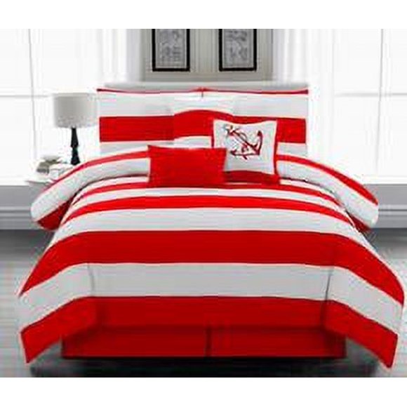 Legacy Decor 7pc. Microfiber Nautical Themed Comforter set, Red and White Striped, King Size
