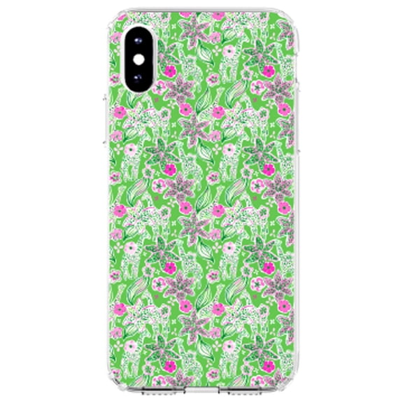 DistinctInk Clear Shockproof Hybrid Case for iPhone X / XS (5.8" Screen) - TPU Bumper, Acrylic Back, Tempered Glass Screen Protector - Preppy Pattern - Pink & Green Flowers Floral