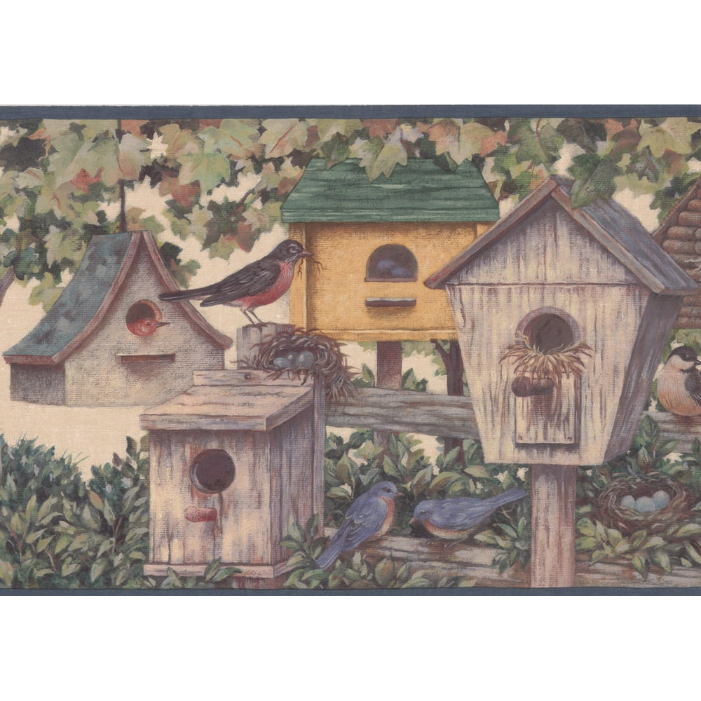 Wallpaper Border Colorful Birds Nests Birdhouses Wide Wall Border