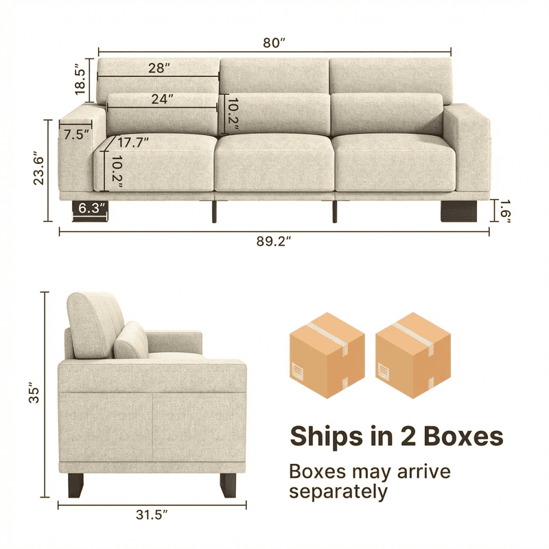89”Chenille Upholstered 3-Seat Couch, Stylish Modern Design with Broad Armrests & Thick Cushions, Perfect for Home, Apartment & Living Area, Beige