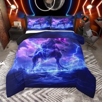 Manfei Spooky dinosaur Full Size Comforter Sets,Abstract Lighning Bedding Comforter Set,Purple Blue Black Bedding Sets For Teens Boys,Luxury Bedroom Decor Reversible,3-Piece