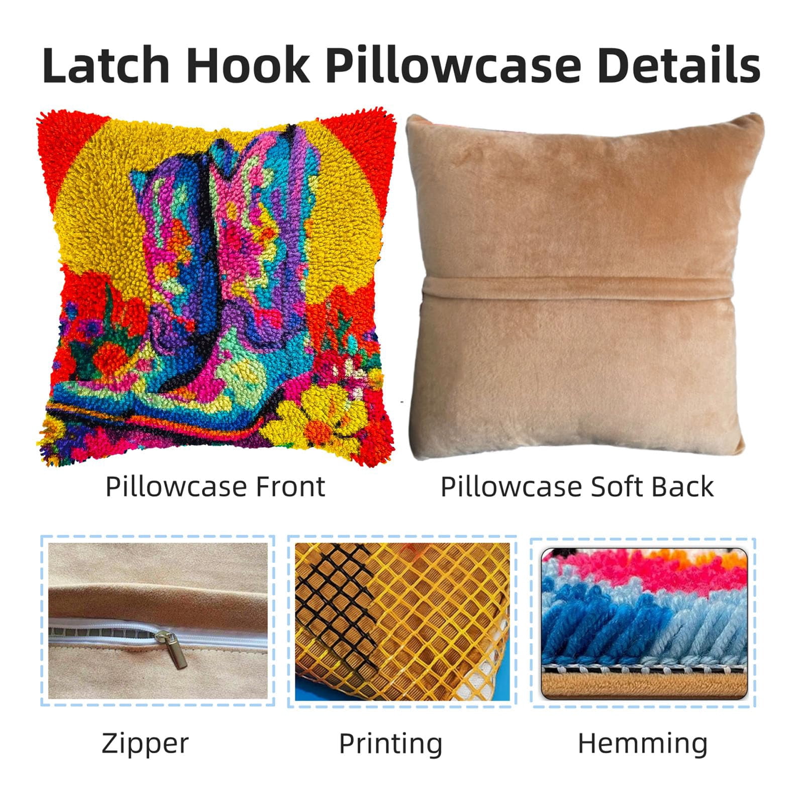 Colored Boots and Flowers DIY Latch Hook Pillow Kits for Adults Printed Pillowcase Crochet Yarns Hooking Handmade Pillow Cover Cushion for Home Sofa Decoration 17x17inch
