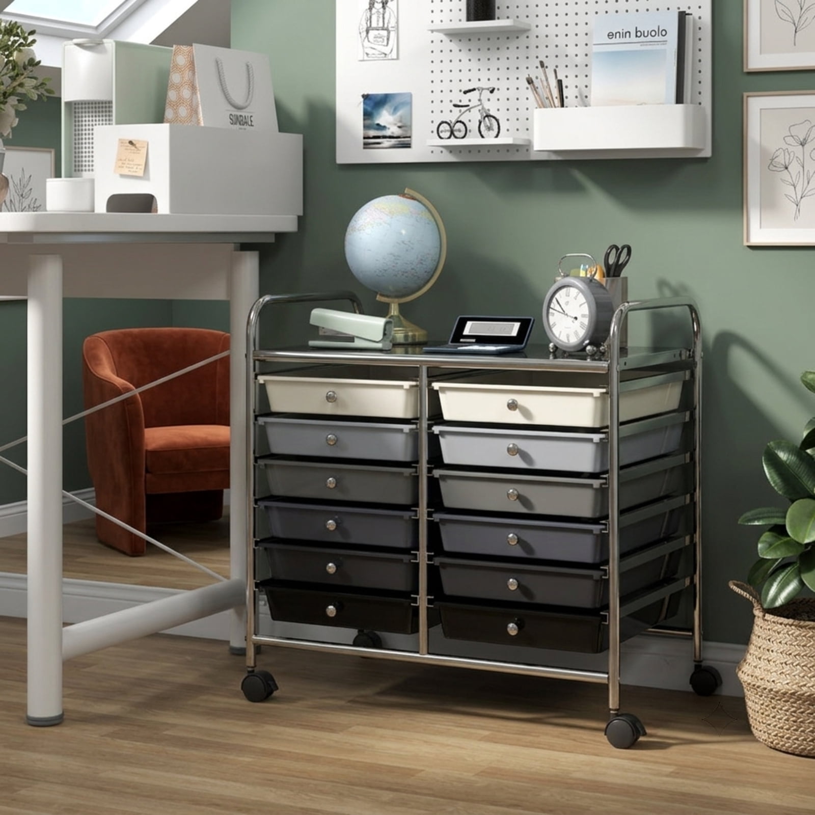 Furnibear 12 Drawers Rolling Storage Cart for Home and Office-Gradient Grey for Home Office Filing Document Letter Legal Storage, Brown