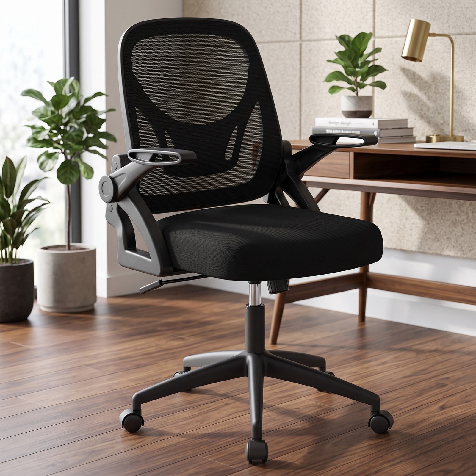 Furnibear Ergonomic Computer Desk Chair, Mesh Home Office Task Chair with Lumbar Support, 90 Degree Flip-up Armrests, Height Adjustable Swivel Rocking Chair, Black