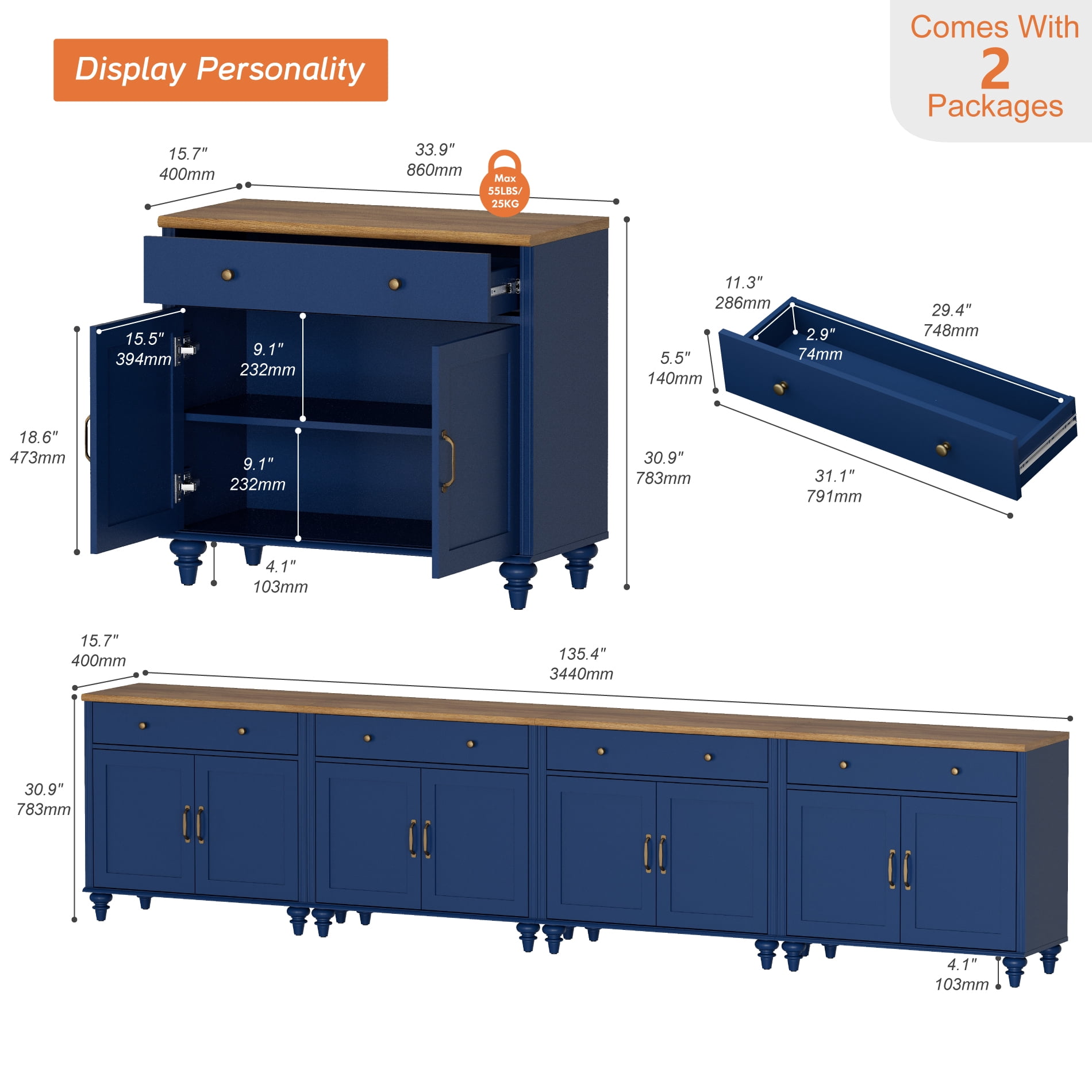 TV Stand for 100 inch TV with 8 Doors and 4 Drawers, Wood Universal TV Stands with Storage Cabinets, Entertainment Center TV Console Table for Living Room, Bedroom, Navy Blue
