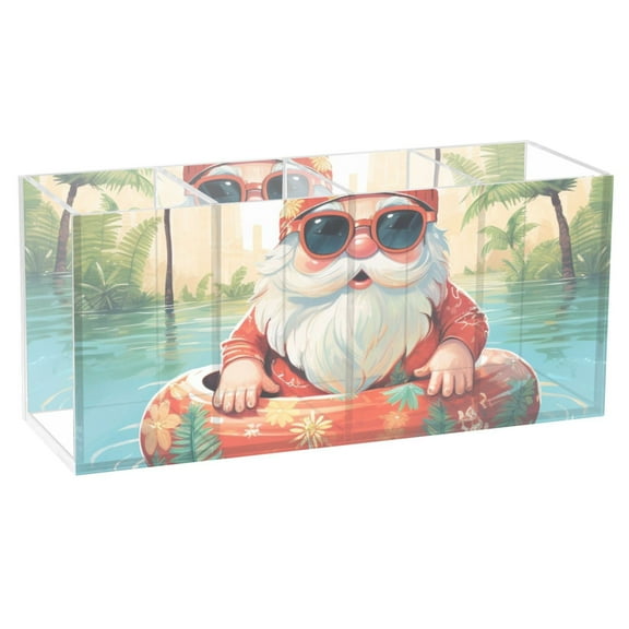 Gnome on Vacation Acrylic Pen Holder 4 Compartments Clear Pencil Organizer Cup Makeup Brush Holder for Office Desk Classroom Home
