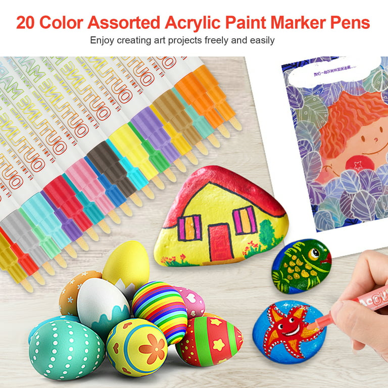 Set of 20 Acrylic Paint Marker Pens, 2 MM Tip, Clear Pen Barrel, Acrylic Paint  Pens for Metal Rock Painting Mugs Fabric Canvas Clothes Wood Plastic  Marking 