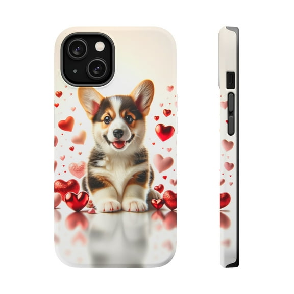 DistinctInk Tough Case for Apple iPhone 15 (6.1" Screen), Compatible with MagSafe Charging - Valentine's Day Cardigan Welsh Corgi Puppy