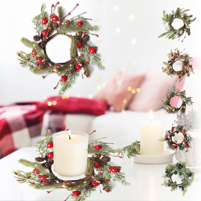 Anillos de velas navideñas - guirnalda artificial de 11,8 pulgadas con bayas rojas y cedro para pilares, centro de mesa para bodas, decoración de mesa y puerta
