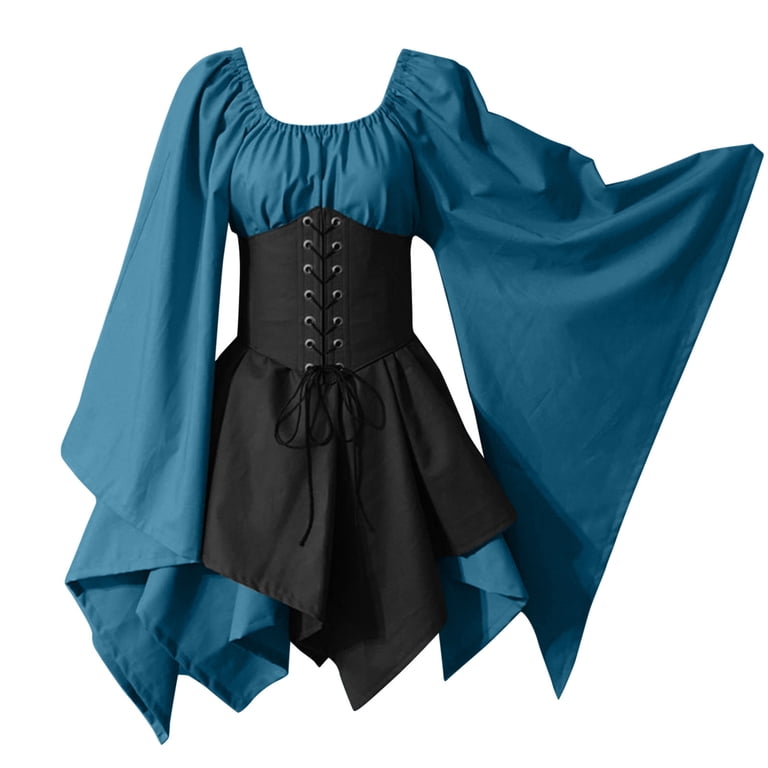 For Womens Trumpet Sleeve Irish Shirt Dress With Corset Traditional Dress  Women M Gothic Retro Long Sleeve Corset Dress Embroide Swing Tunic Dress  Woman Tan Dress Linen Dresses for Women Casual Summer -