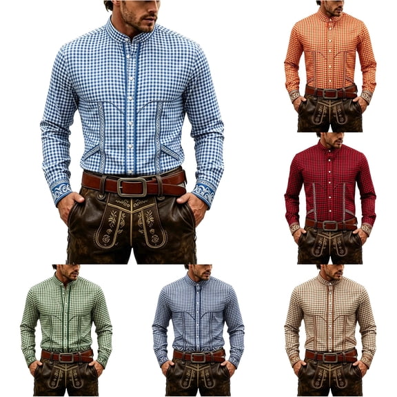 XIAOCHA Mens Plaid Print Button Down Shirt Long Sleeve Bavarian Oktoberfest Button-Up Top