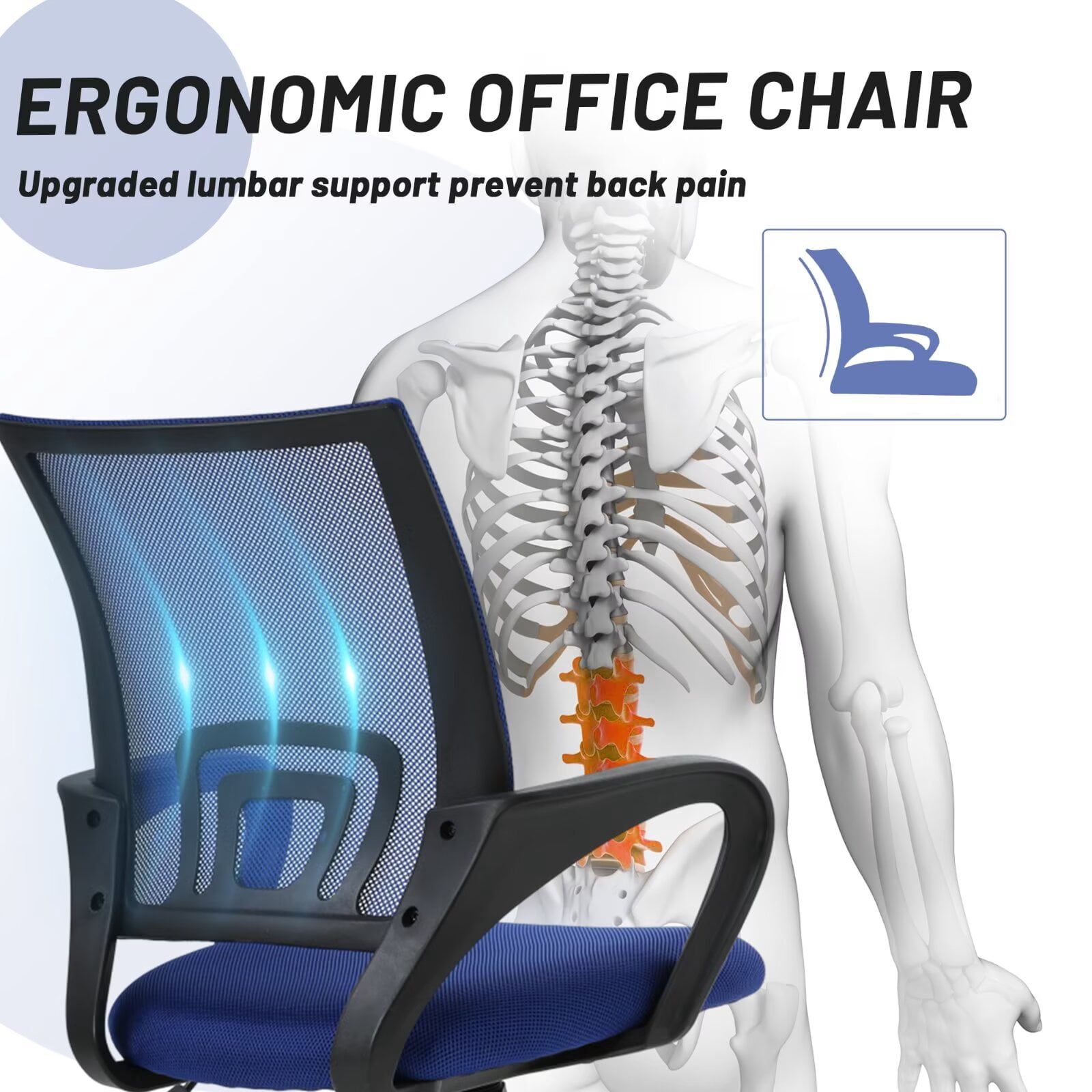 CL.HPAHKL Mesh Office Chair with Wheels, Adjustable Ergonomic Computer Desk Chair with Lumbar Support & Armrest, Comfortable Swivel Rolling Chair for Home Office Work Study, Blue