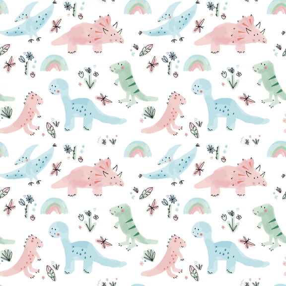Dinosaurs White Flannel Fabric