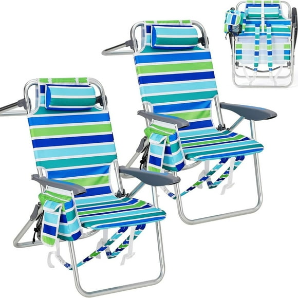 Garvee 2 Pack Portable Beach Chair with Adjustable Backrest & Cup Holders, Ocean Striped