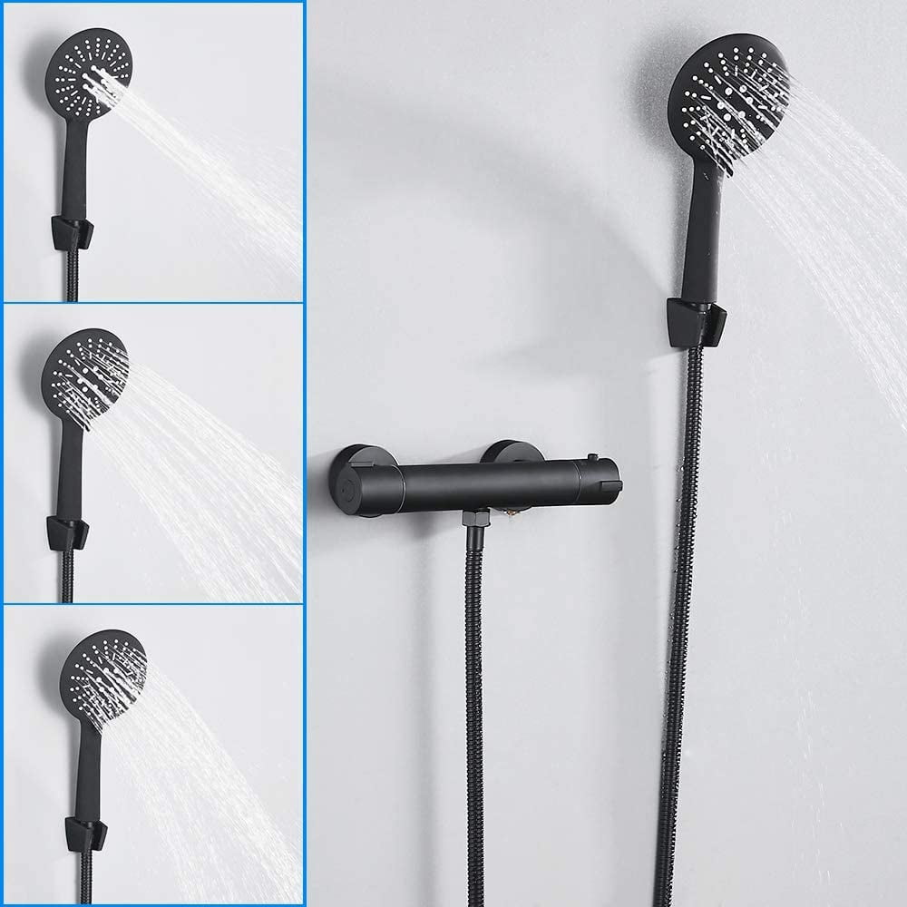 Bathroom Rainfall Black Shower Faucet Set Wall Mounted Copper Set with Hand Shower Head Bathtub Mixer Thermostatic Black Faucet