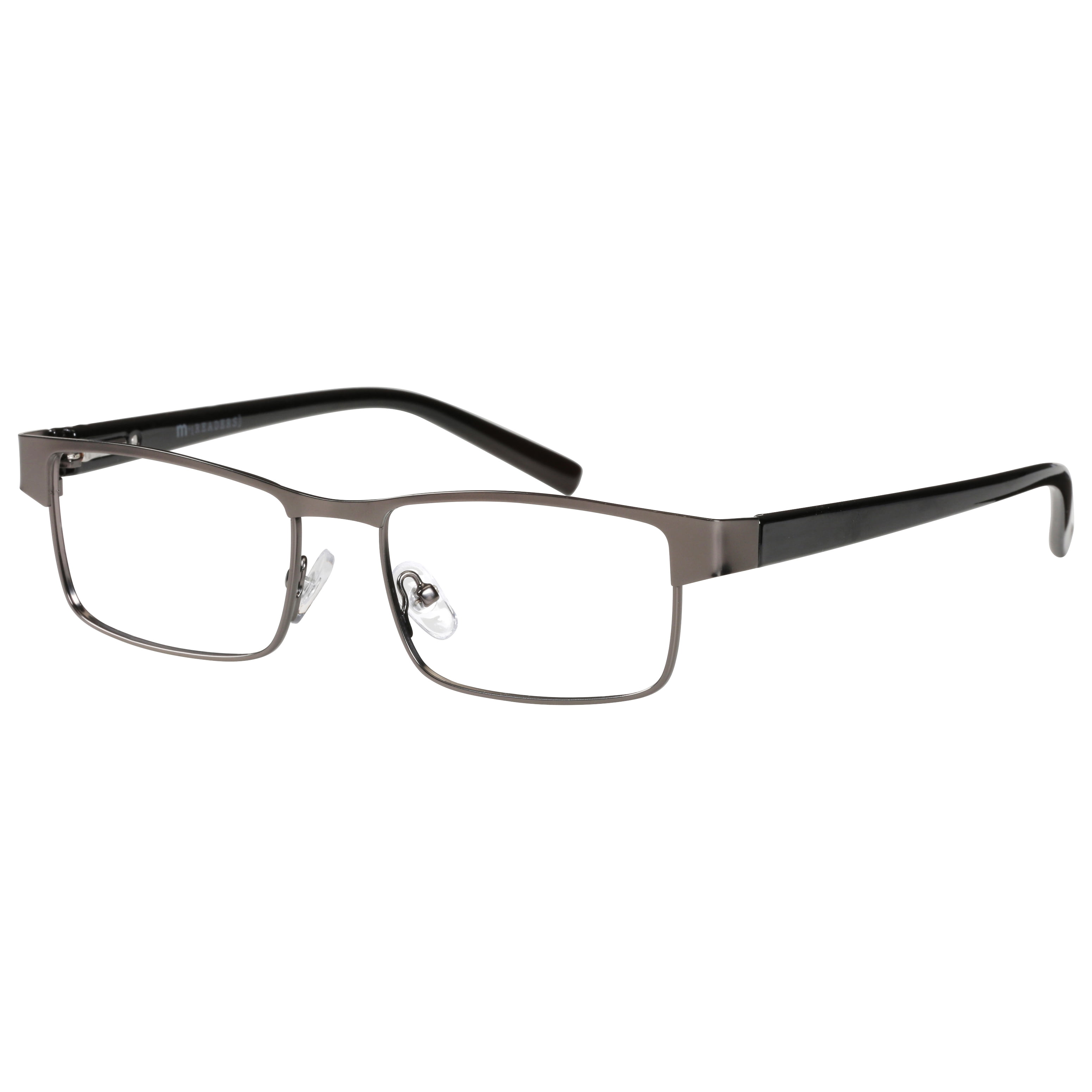 M+ Mens Rectangular Flat Metal Reading Glasses Gun 1.75 Birch in Gunmetal with Classic Black Temples