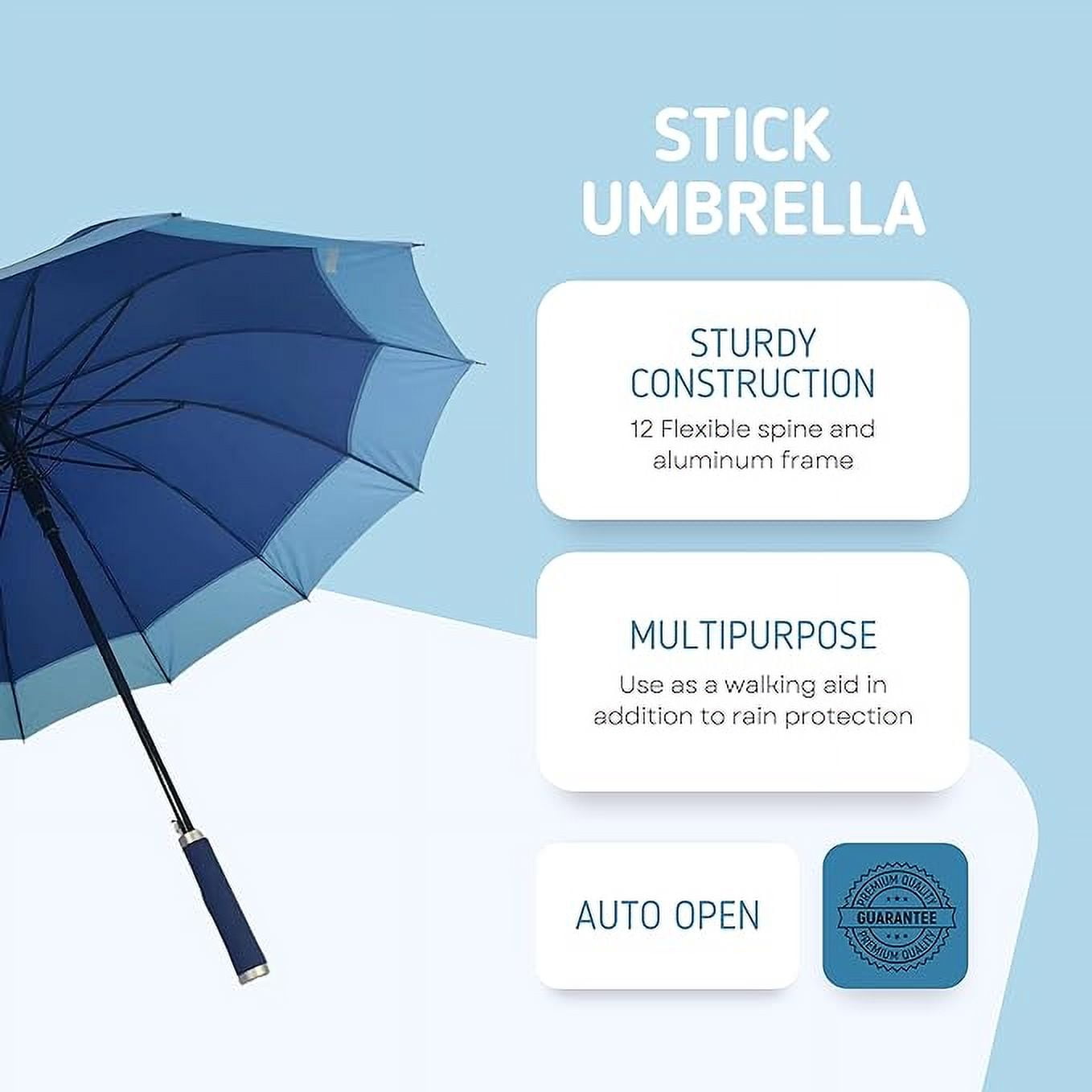 Cheery Stick Umbrella for Rain - Classic Cane Outdoor Umbrella - Automatic, Sun, and Windproof Camping Equipment - 14-Spine Heavy-Duty Walking, Hiking Gear (Blue)