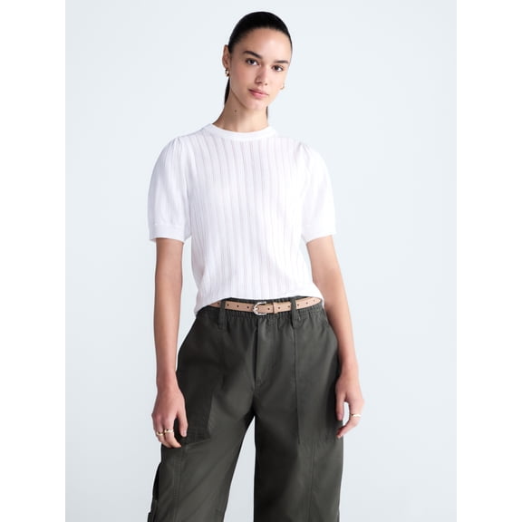 Free Assembly Women’s and Women's Plus Pointelle Sweater with Puff Sleeves, Sizes XS-4X