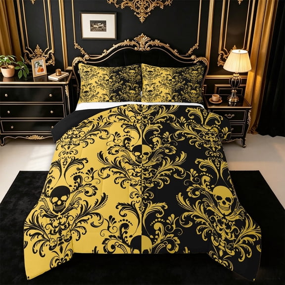 jejeloiu Western Vintage Skull Queen Comforter Set,Rich Damask Comforter Sets Queen For Adults,Gold Black,Black Reversible,3pcs,1 Comforter and 2 Pillowcases