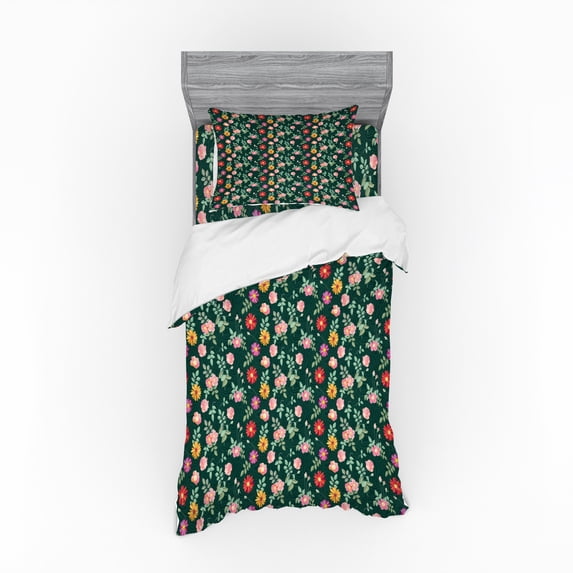 Floral Duvet Cover Set, Floral Composition of Vivid Color Spring Flowers and Buds on Pointilistic Background, Bedding Set with Shams and Fitted Sheet, 3 Sizes, by Ambesonne