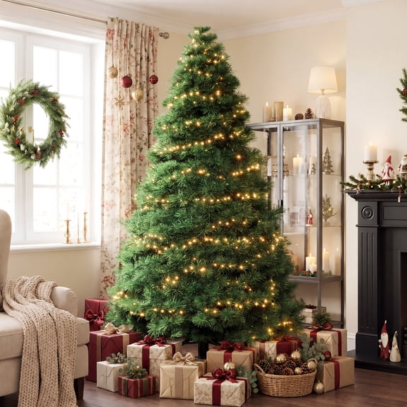 edx 4.5ft Pre-lit Artificial Christmas Tree, Prelighted Green Artificial Xmas Tree, With 347 Branch Tips, 120 LED Lights & Foldable Base, For Home, Office, Party Decoration